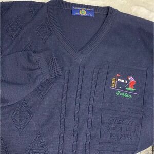 Vintage Blarney Castle Irish Mens V Neck Golf Sweater XL Navy Blue Irish Par 3